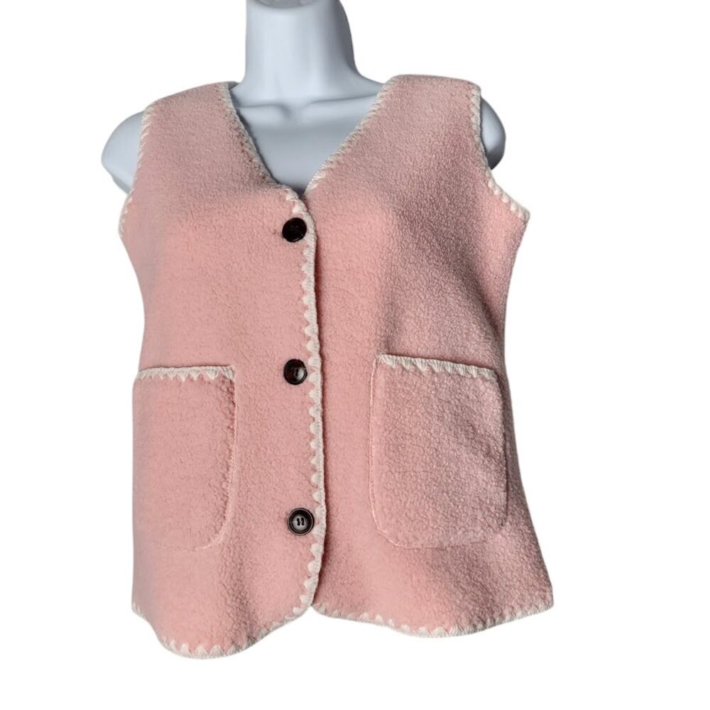 Pink‎ Sherpa Fleece Vest Women’s L Soft Button Front Bubblegum Cozy Pocketed